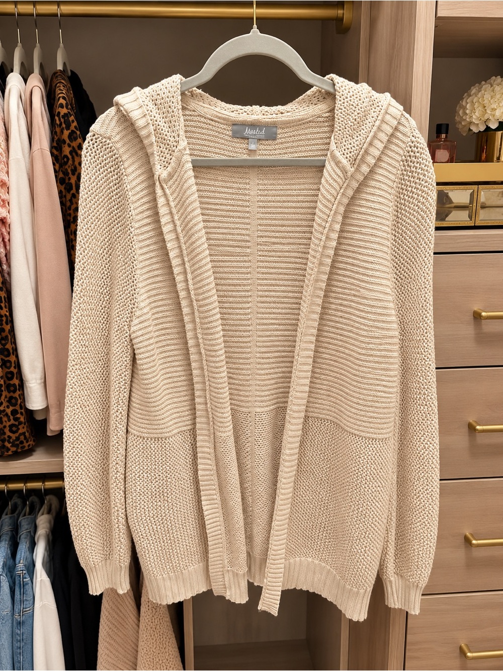 Mudd Cream Open-Front Hooded Knit Cardigan